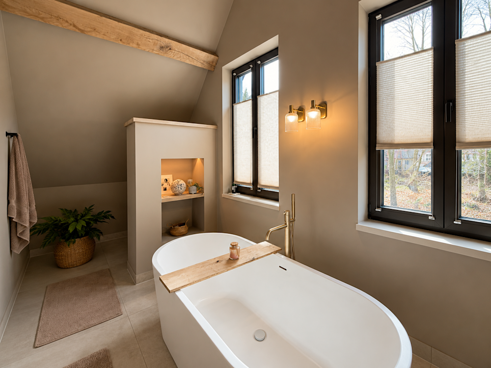 colora inspiratiebeeld – woonverhaal Veghel – Badkamer met vrijstaand ligbad – WE M212 Warm Mocca