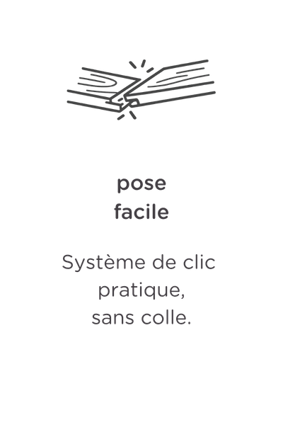 Image représentant deux mains en train de poser un revêtement de sol ; le texte indique « pose facile » avec la mention « Avec un système d'encliquetage pratique sans colle »