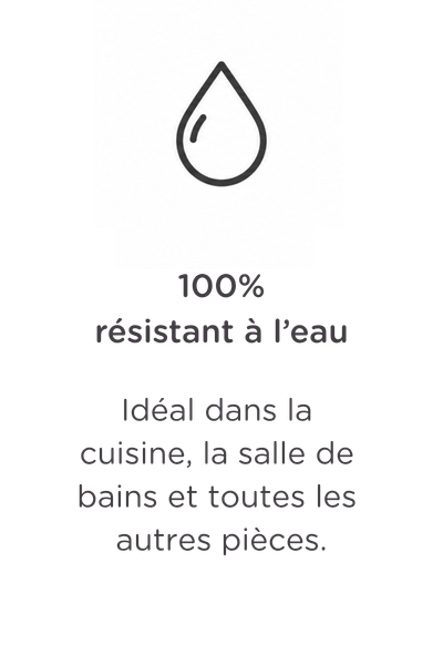 Le contour noir d'une goutte d'eau au-dessus du texte « 100 % imperméable ». En dessous, on peut lire : « Idéal pour la cuisine, la salle de bains et toutes les pièces de la maison. »