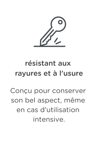 Dessin au trait simple représentant une clé, avec en dessous le texte : « Résistant aux rayures et à l'usure. Conçu pour conserver longtemps son aspect, même en cas d'utilisation intensive. »