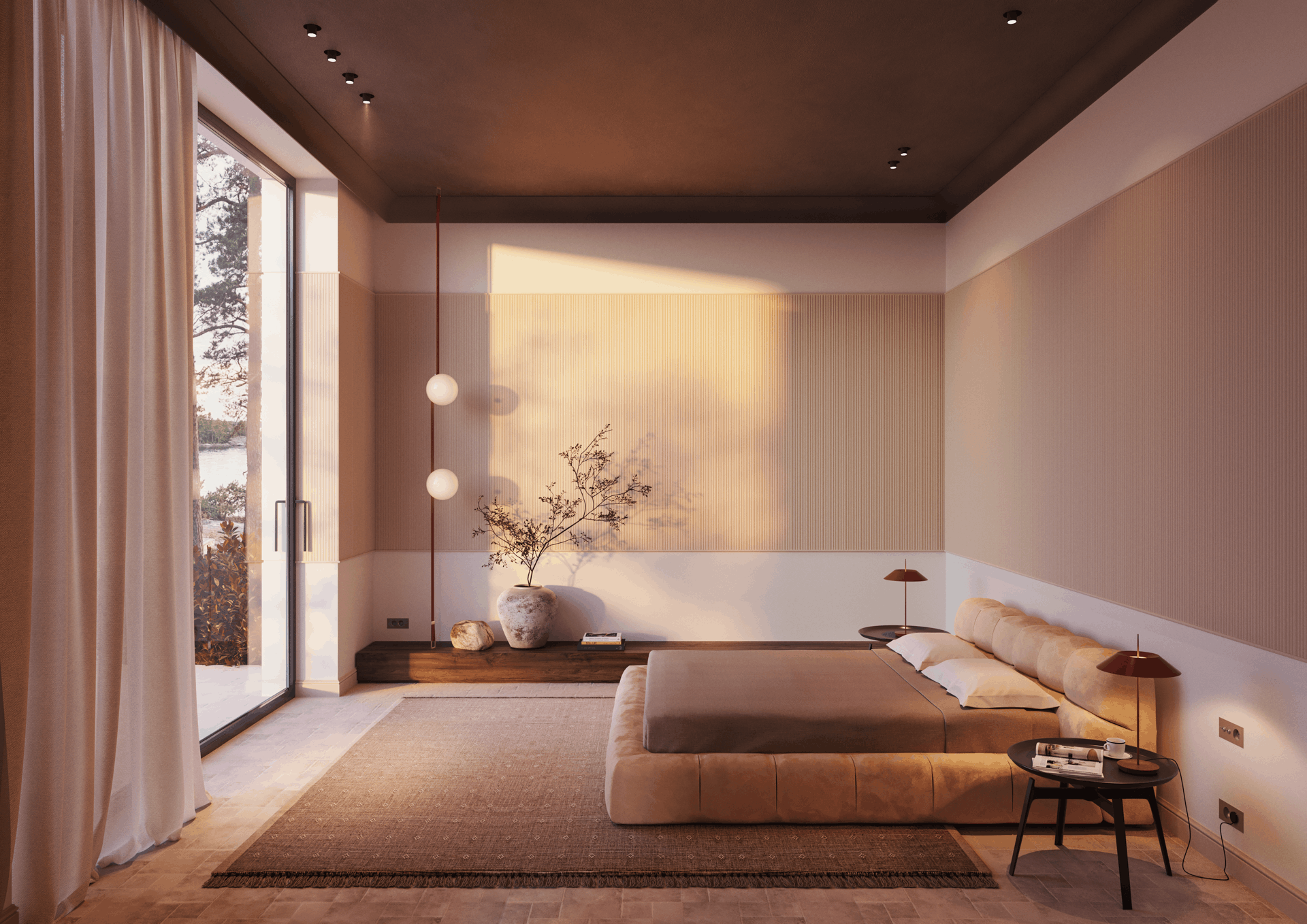 decoratieve elementen - slaapkamer - nmc - Noël & Marquet - ARSTYL, WALLSTYL - WL14,AD23,CALANDO,FL2 - roze - rood - Lattenwand, warm licht, zachte tinten