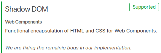 Screenshot of canIuse stating that Safari Chrome for iOS 130131 have partial support for Shadow DOM