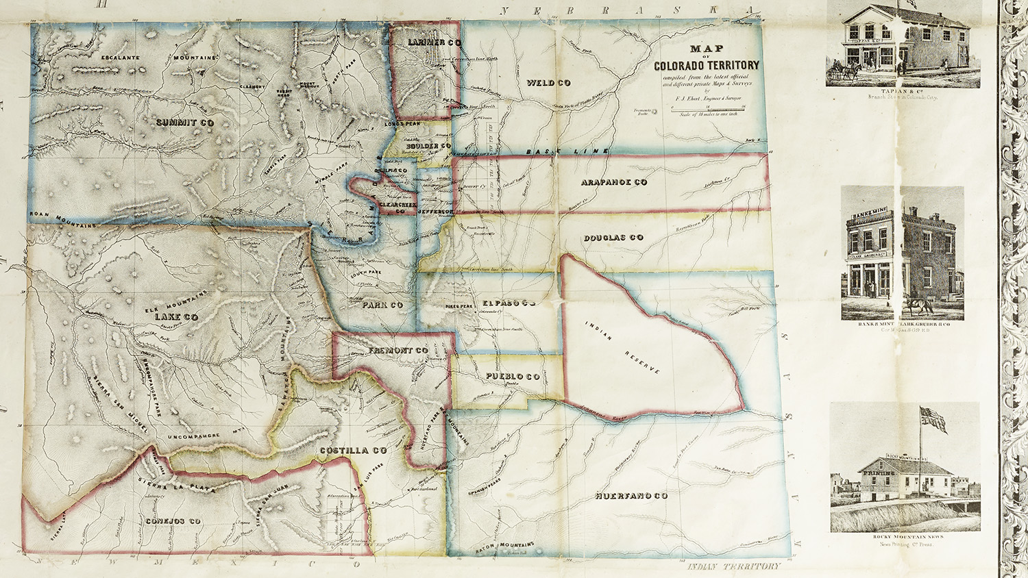 Map of the Colorado Territory from 1862, soon after the theft of Native American land along the front range of the Rocky Mountains
