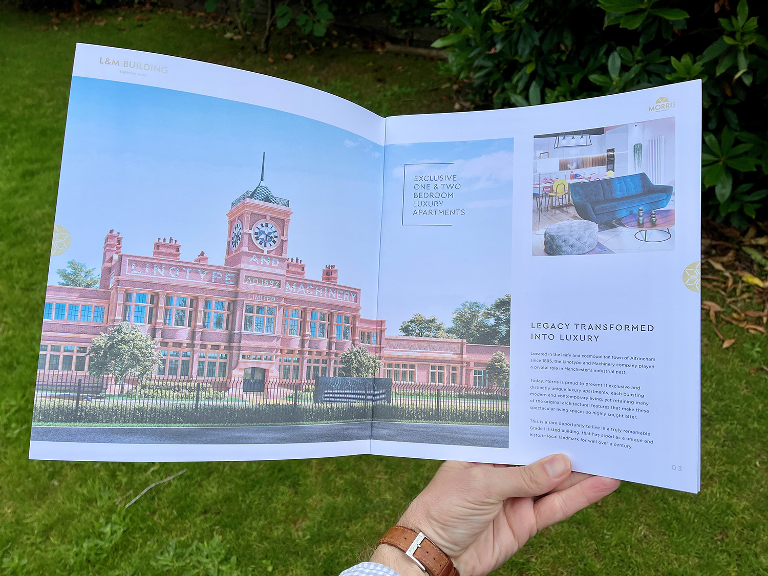 The brochure makes great use of the beautiful façade and windows full of light in the building.