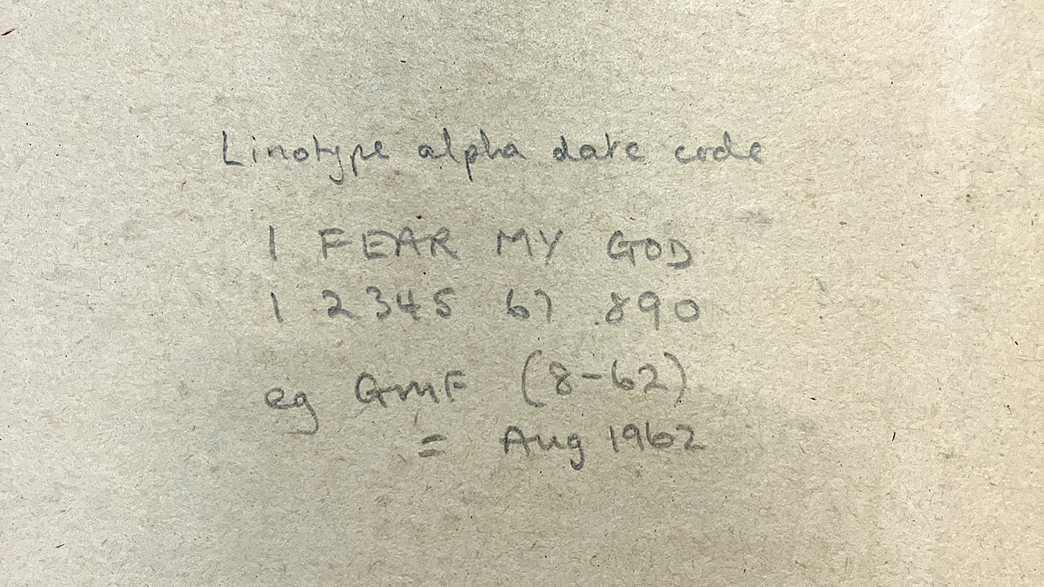Yet another mysterious printing code found on the inside of a box of ephemera from Linotype & Machinery at St. Bride Library in 2025