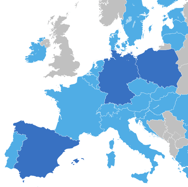 Część mapy Europy. Kolorem ciemnoniebieskim oznaczona Polska oraz główne kraje docelowe Bama Logistics - Niemcy i Hiszpania. Kolorem jasnoniebieskim, oznaczono resztę państw, w których liczba kontrahentów firmy jest mniejsza. Kolorem szarym - kraje w których firma nie posiada partnerów.