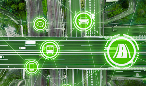 Birds-eye view of roads with a network of smart city features.