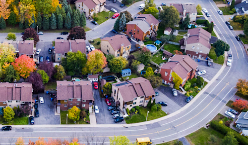 Aerial view of a suburban neighbourhood.