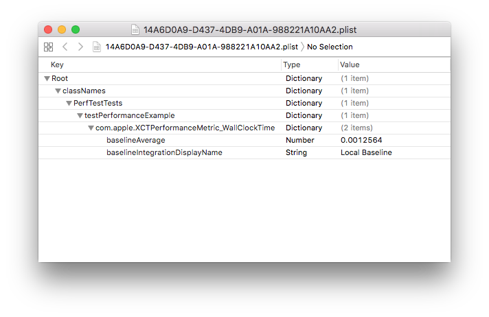 Screenshot showing a plist that belongs to a specific host machine and target combo, containing the test baselines for that combo