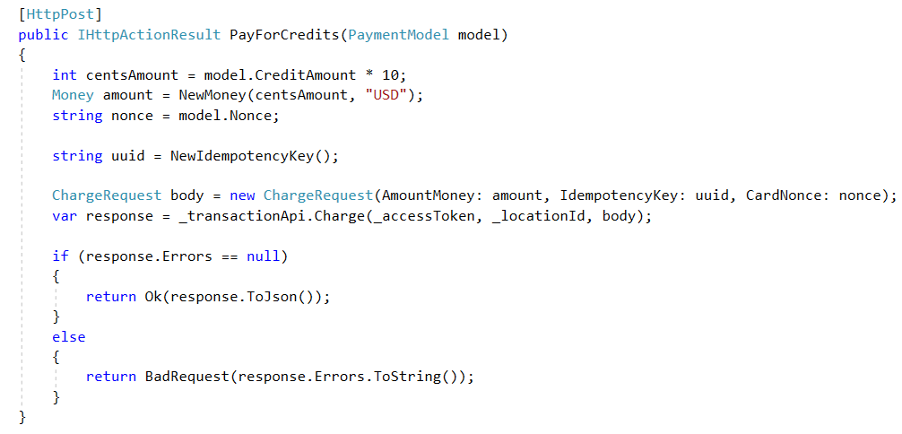 Code Snippet from Jukebox API PaymentController