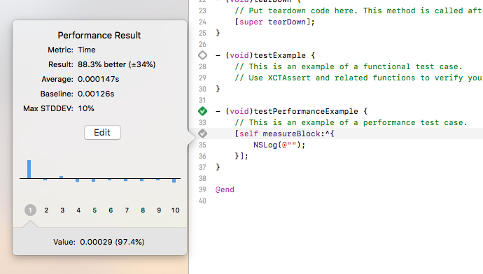 Screenshot of a performance unit test written in Objective-C in Xcode