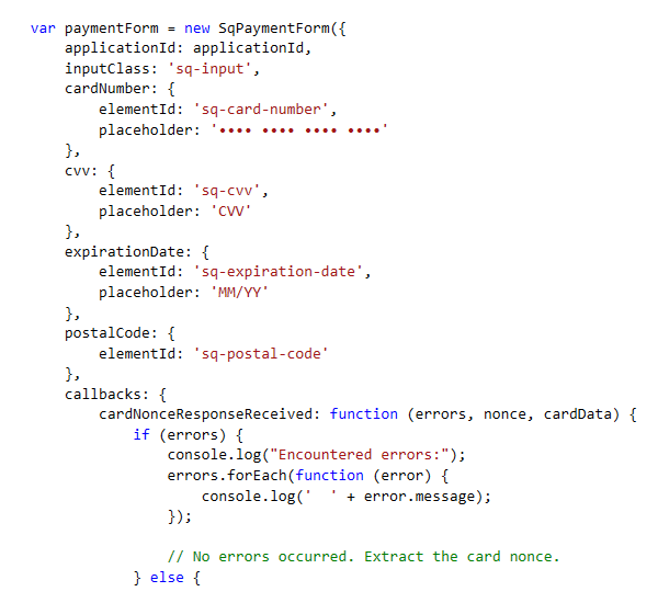 Code Snippet Depicting the SqPaymentForm Javascript in Action.