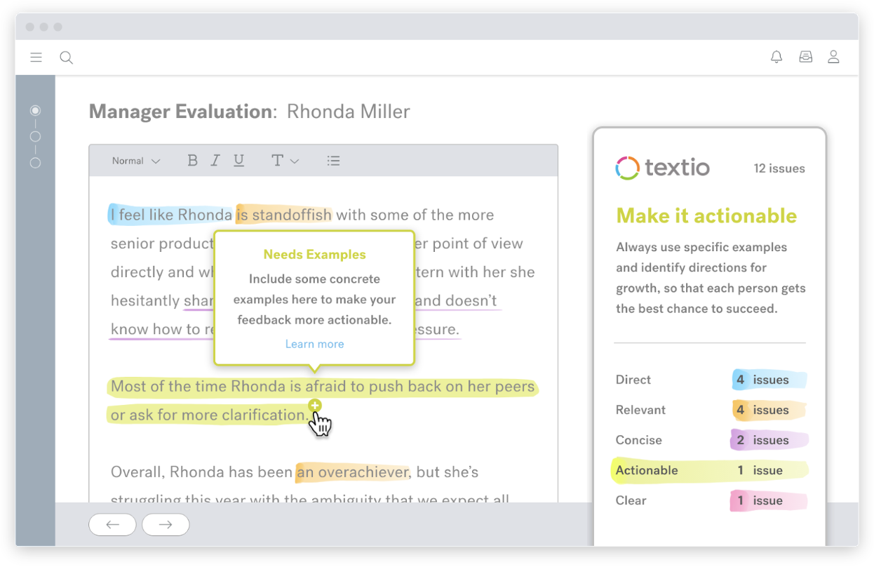 Textio’s co-pilot highlighting areas to change in a performance review but asking the user to generate ideas