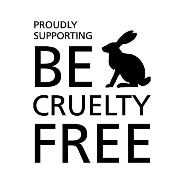Trots steunen van Be Cruelty Free tekst en konijnensilhouet
