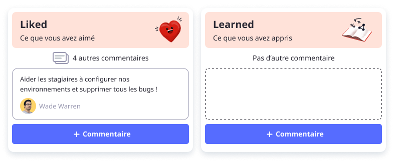 Commentaires 4Ls Les colonnes Liked et Learned de la rétrospective 4Ls