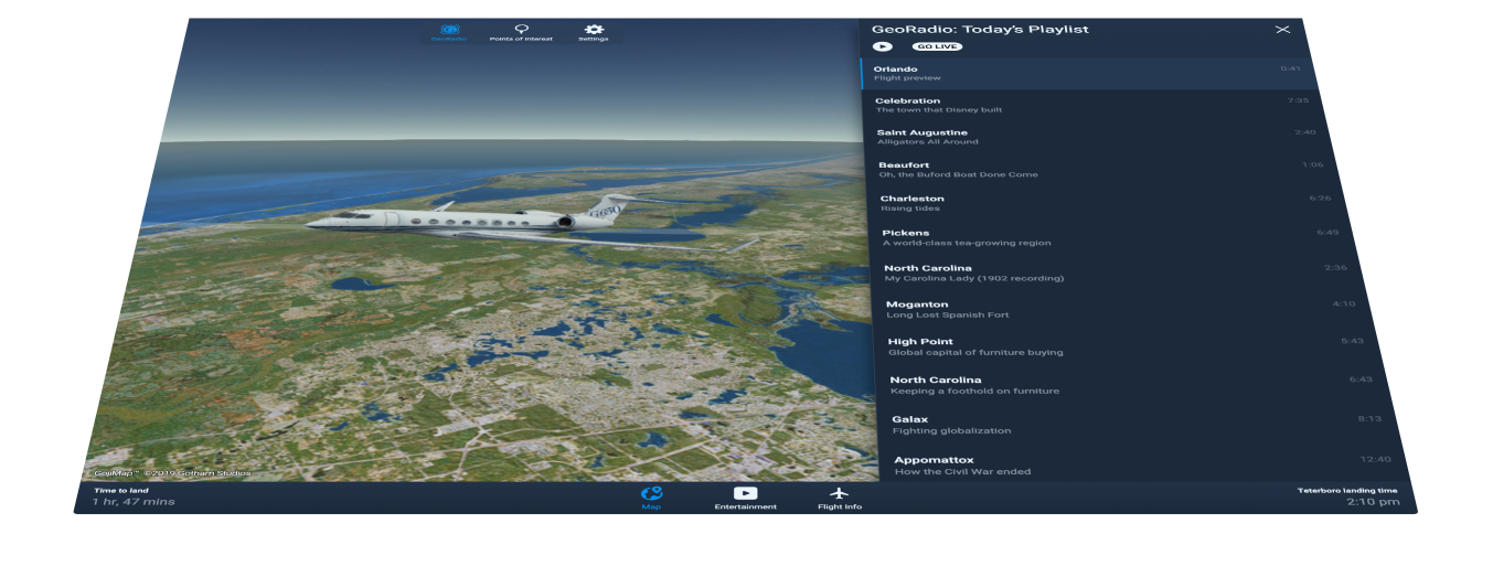 Screenshot of the Goji app showing a plane on a 3d map with GeoRadio