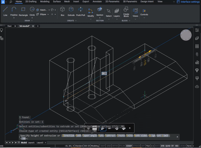 Extrude 3D component in BricsCAD