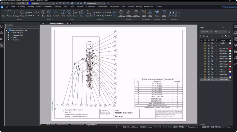 Exploded view drawing in BricsCAD Mechanical