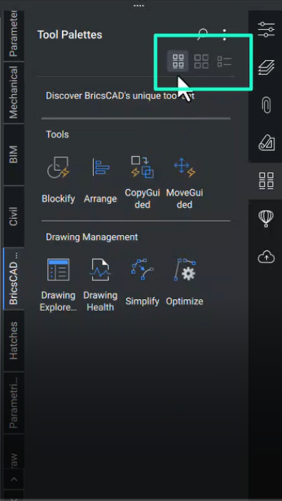 Opciones de la paleta de herramientas de BricsCAD