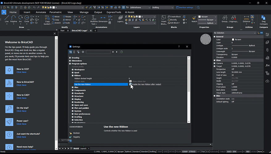 The new Ribbon in BricsCAD V23 has a modern look, a search bar and more convenient icon spacing