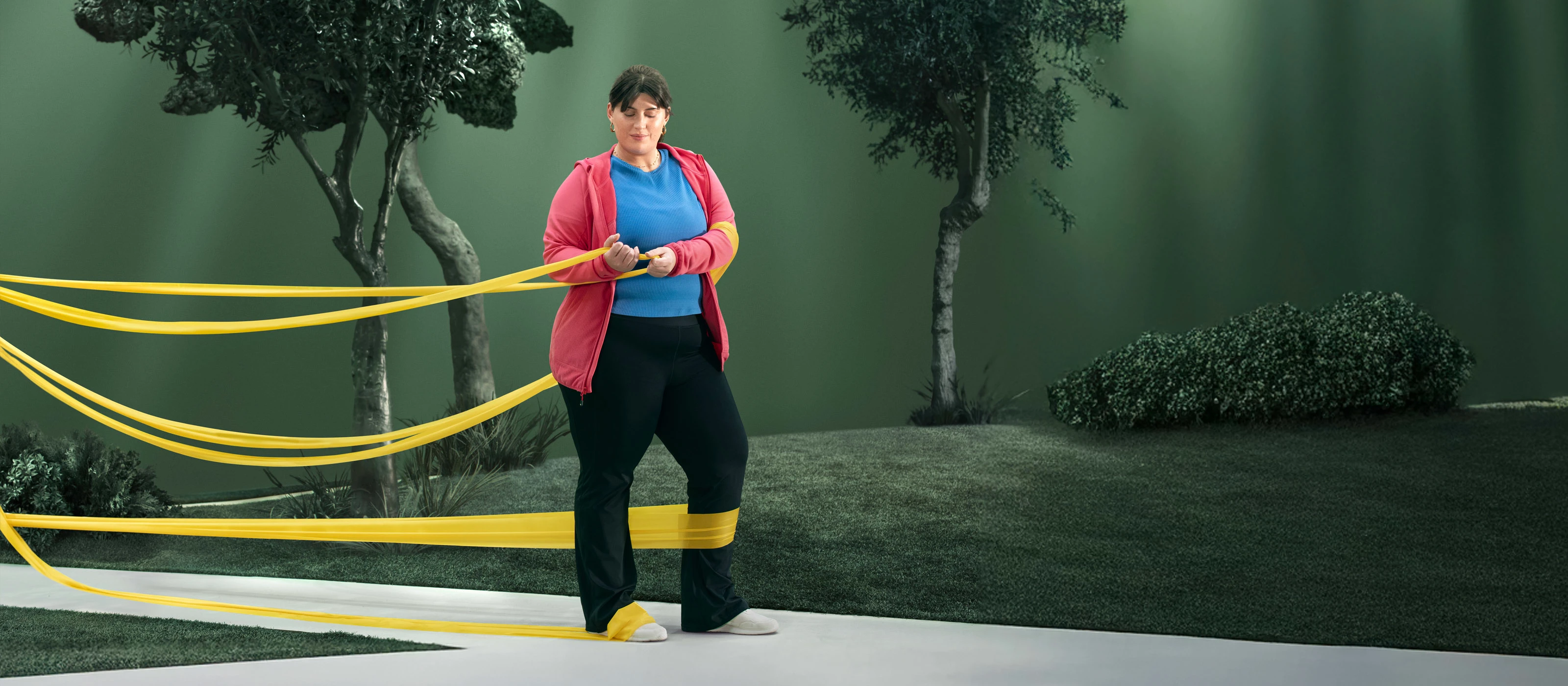 Woman with obesity, removing a slack resistance band symbolizing barriers to treatment