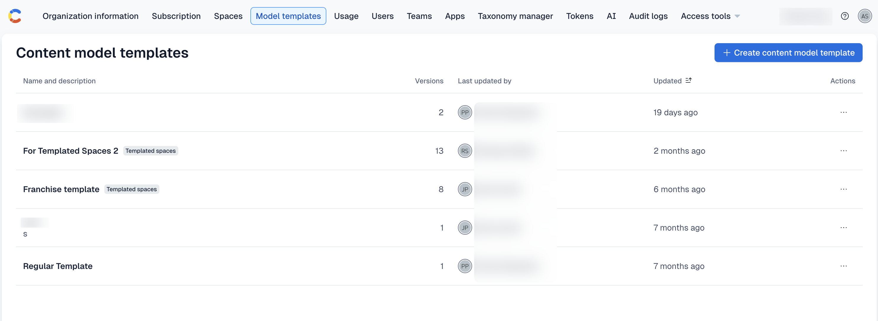 Content model templates: "Model templates" tab