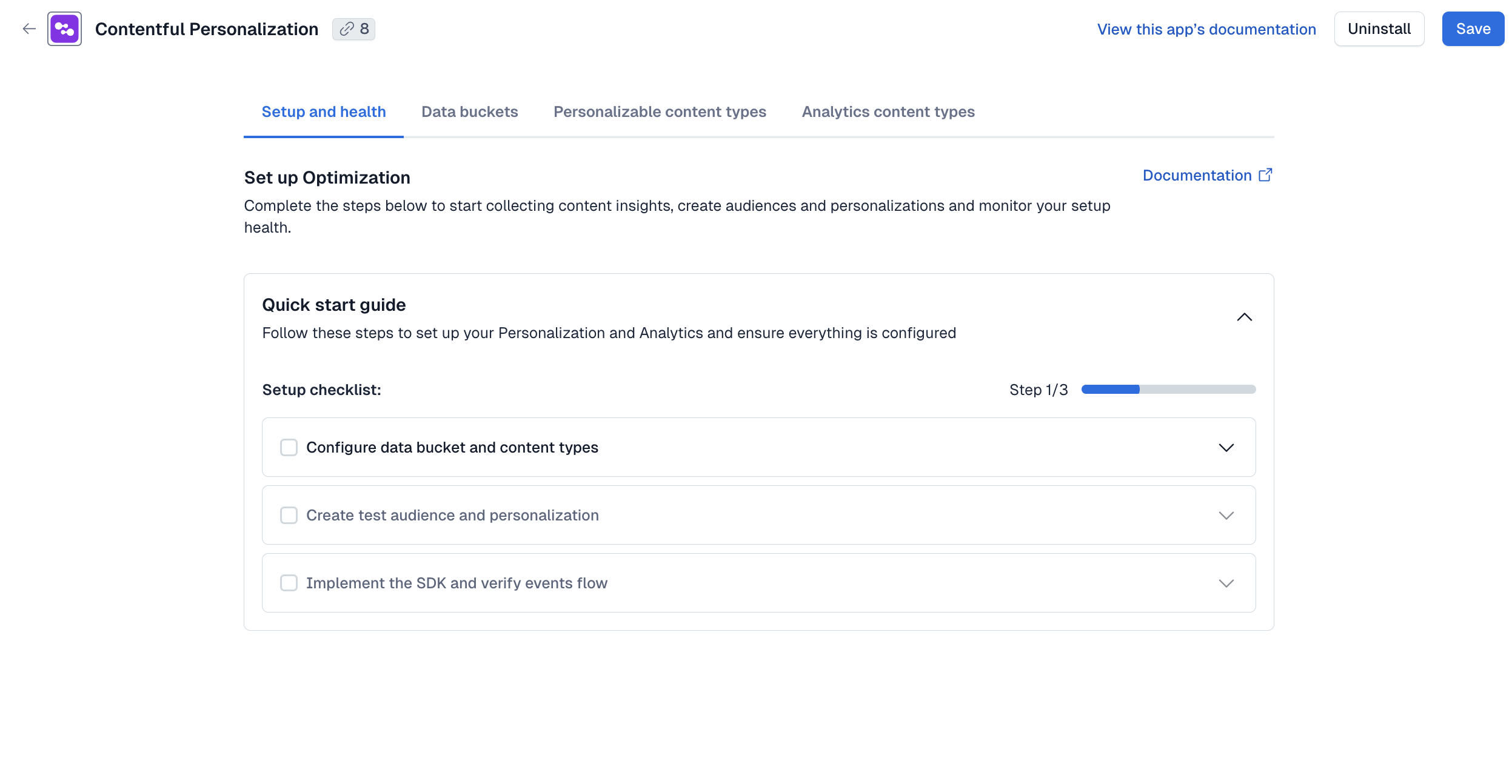 The Setup and health tab in Contentful Personalization