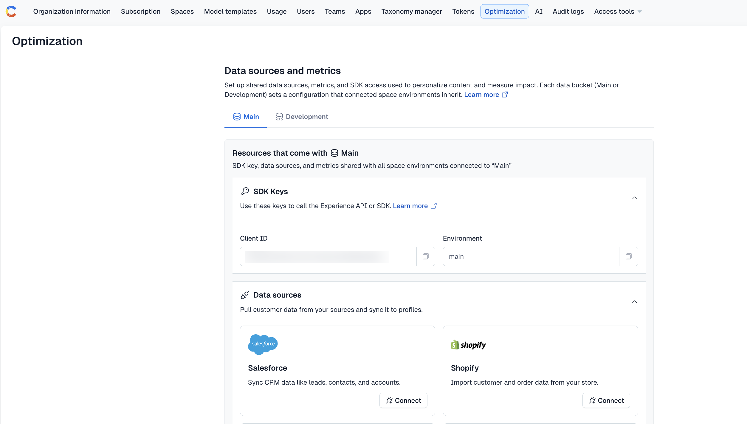 Optimization tab in the org settings of Contentful Personalization
