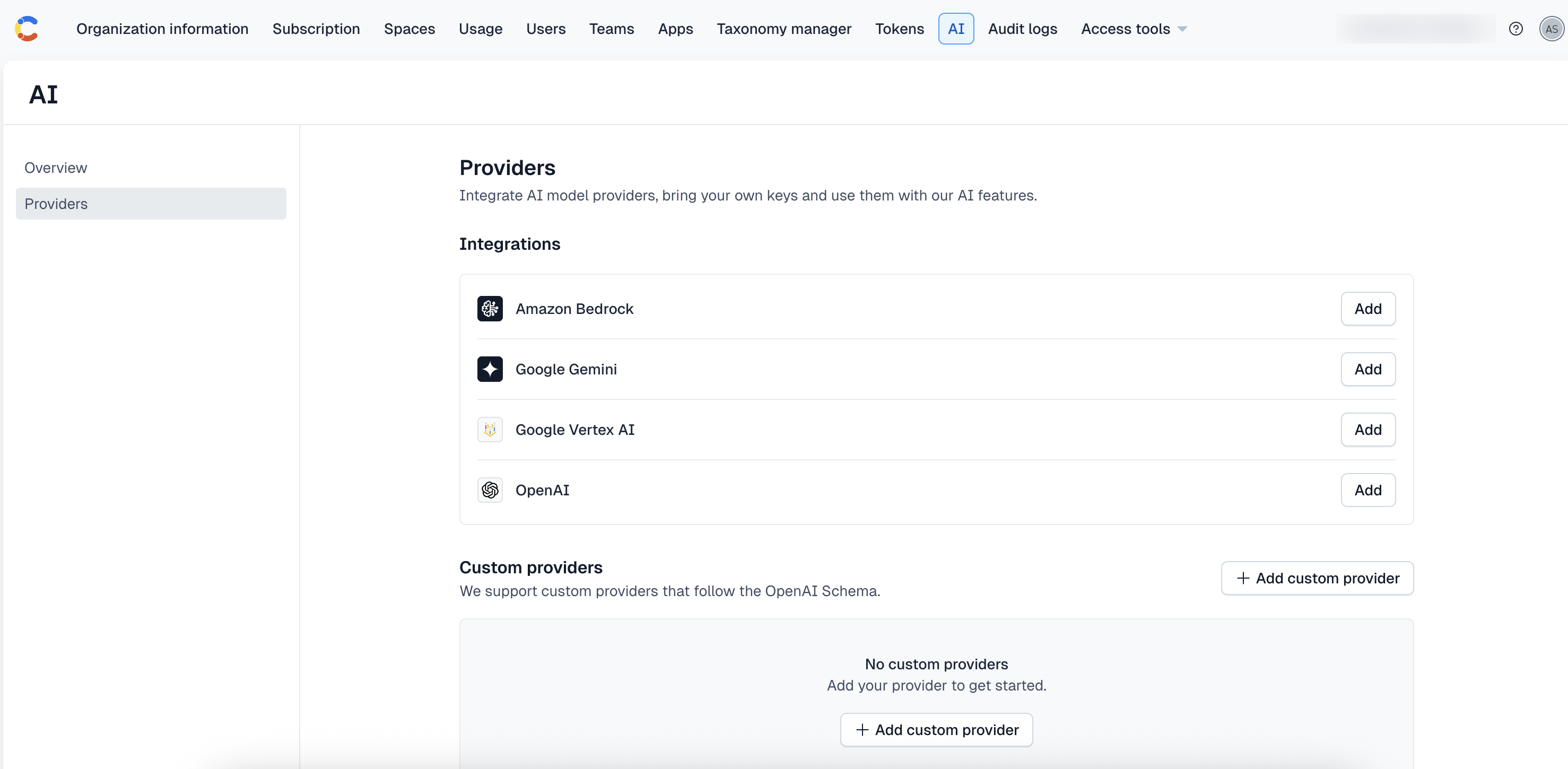 The AI tab with the BYOM AI providers