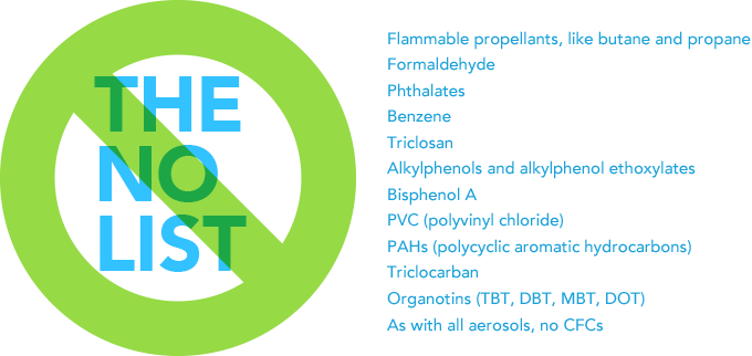 The no list: Flammable propellants, like butane and propane, Formaldehyde, Phthlates, Benzene, Triclosan, Alkylphenols and alkylphenold ethoxylates, Bisphenol A, PVC (polyvinyl chloride, PAHs (polycyclic aromatic hydrocarbons, Triclocarban, Organotins (TBT, DBT, MBT, DOT), As with all aerosols, no CFCs