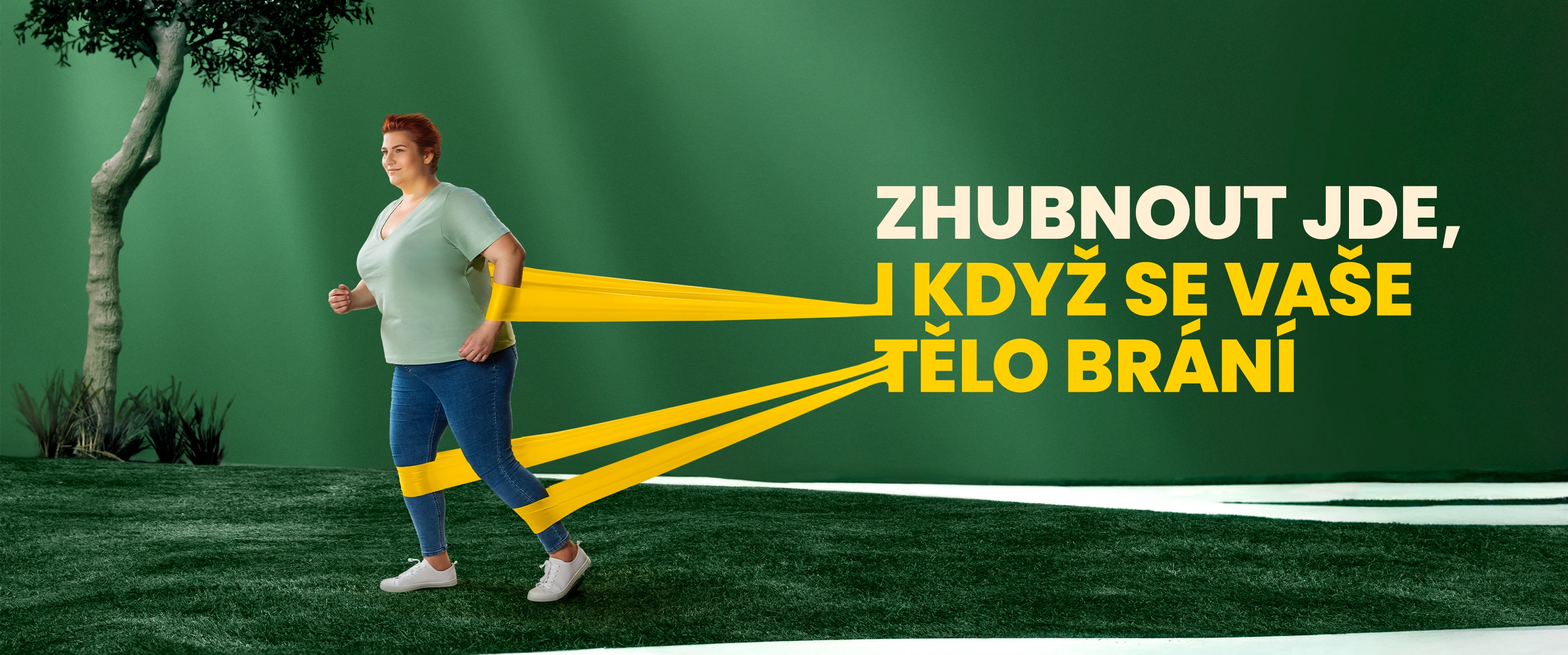 Woman with obesity with resistance bands holding her in place attached to the words "Zhubnout jde, i když se vaše tělo brání"