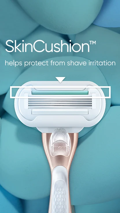 صورة ثانوية مع نص: SkinCushion ™ يساعد على الحماية من تهيج الحلاقة