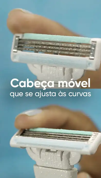 Foto em close de uma lâmina de barbear com o dedo mostrando a cabeça giratória
