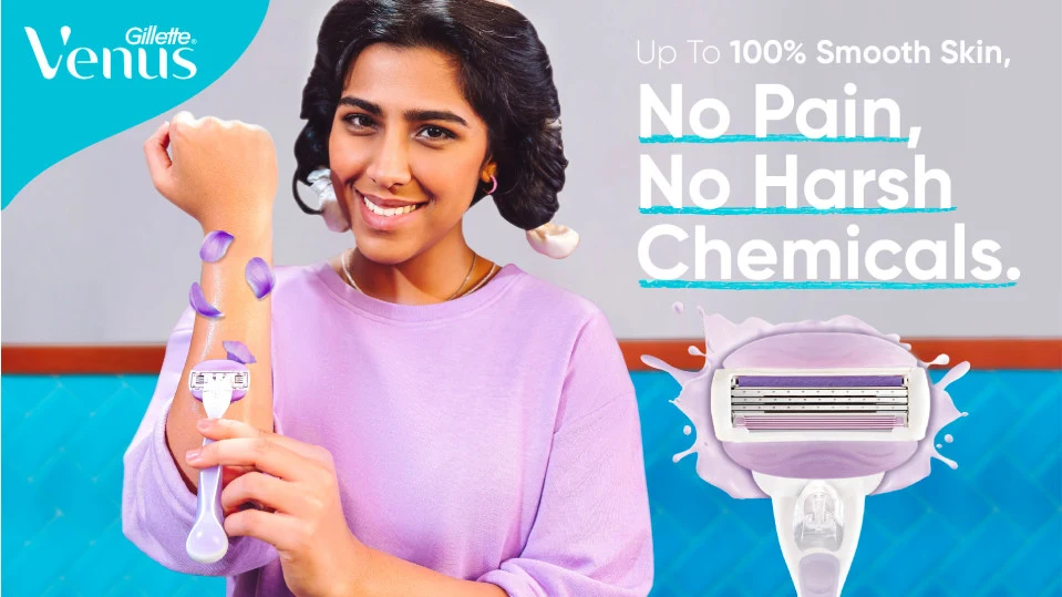 Gillette Venus razor for gentle hair removal, shown on smooth skin with blade close‑up for comfortable shaving.
