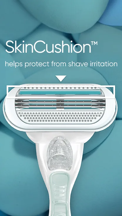 صورة ثانوية مع نص: SkinCushion ™ يساعد على الحماية من تهيج الحلاقة