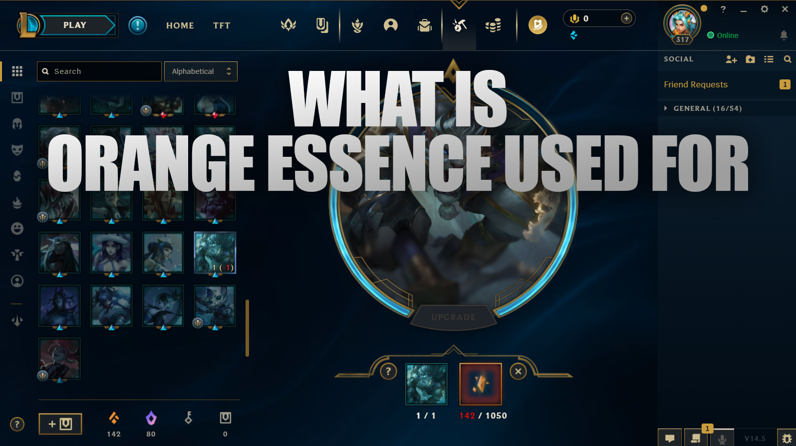 One of the primary uses of Orange Essence is to unlock skin shards and turn them into permanent skins for your champions. The amount of Orange Essence required varies based on the skin's rarity – Epic skins cost 1050 Orange Essence, while the Legendary skins cost 1520 Orange Essence.