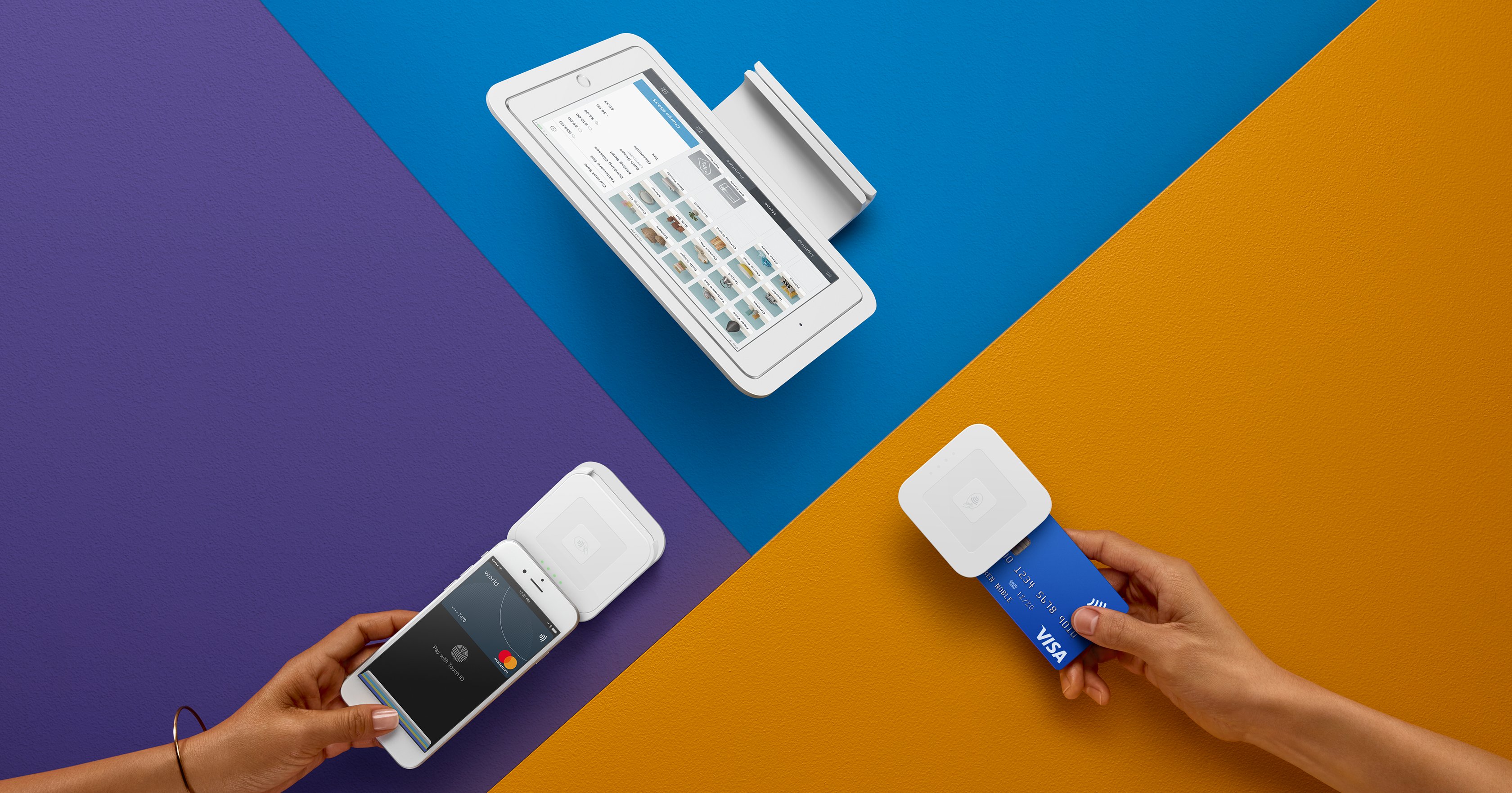 Photo collage of different ways to pay with Square hardware, including Apple Pay and inserting a chip card into a Square Reader