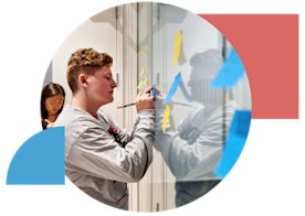 photo illustration of a person placing sticky notes on a whiteboard