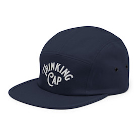 a blue flat-brimmed cap that reads THINKING CAP
