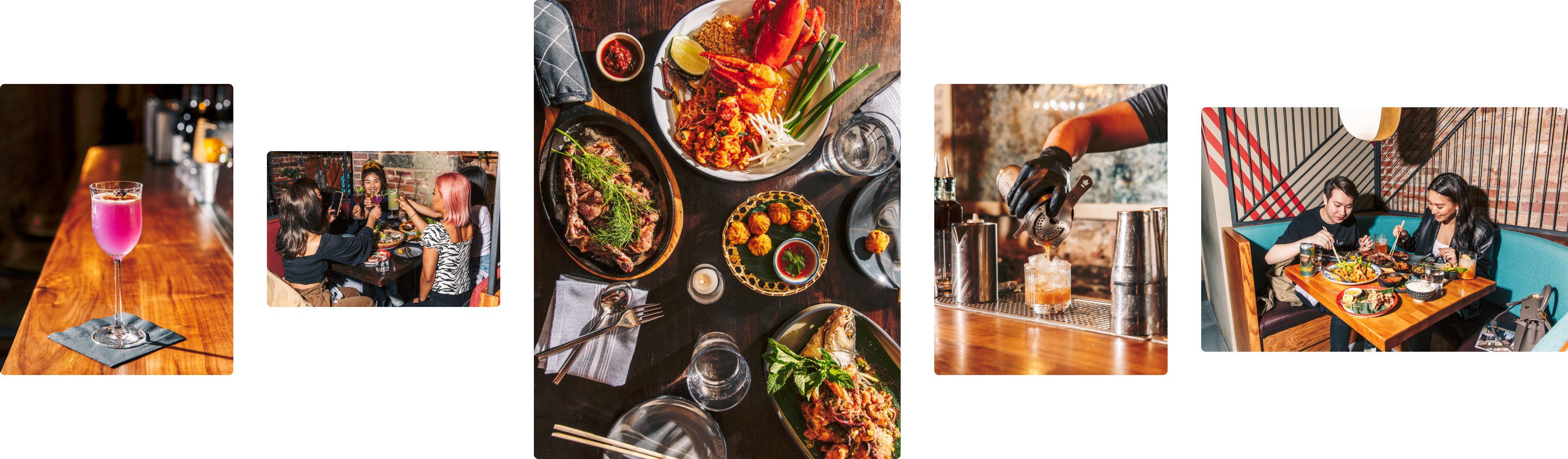 Photos of people doing a cheers, someone making a cocktail, a colorful table of food and two people eating at a table.