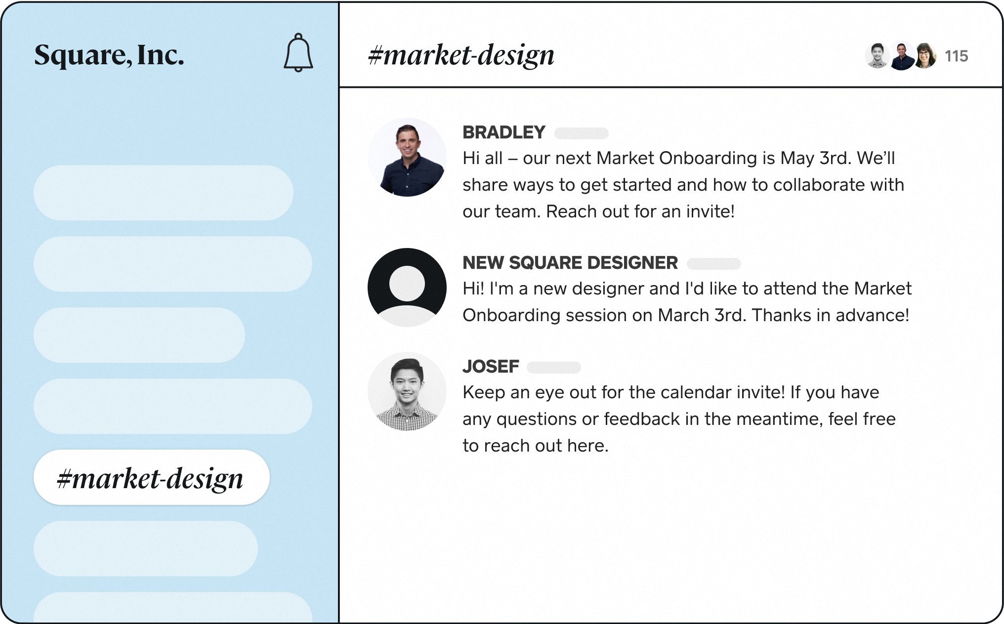 chat window labelled market design with message thread between 3 designers