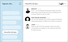 chat window labelled market design with message thread between 3 designers