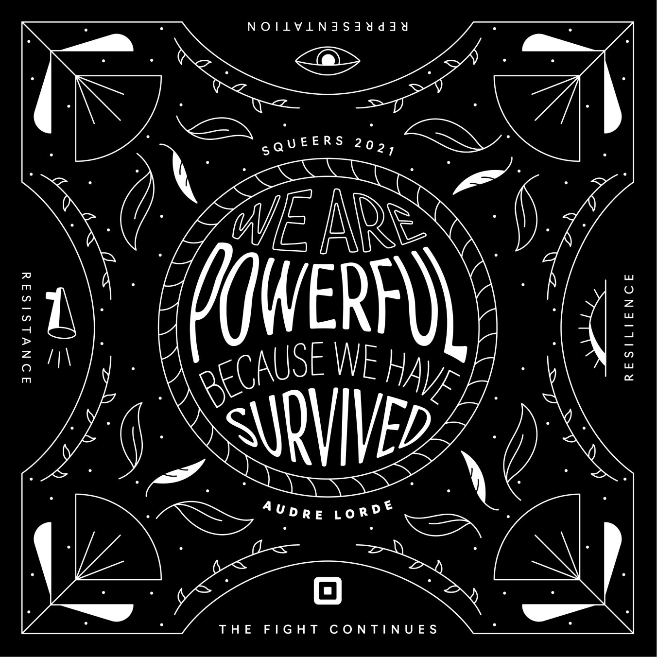Black and white bandana design with a floral frame, icons and an Audre Lord quote that says, "We are powerful because we have survived."