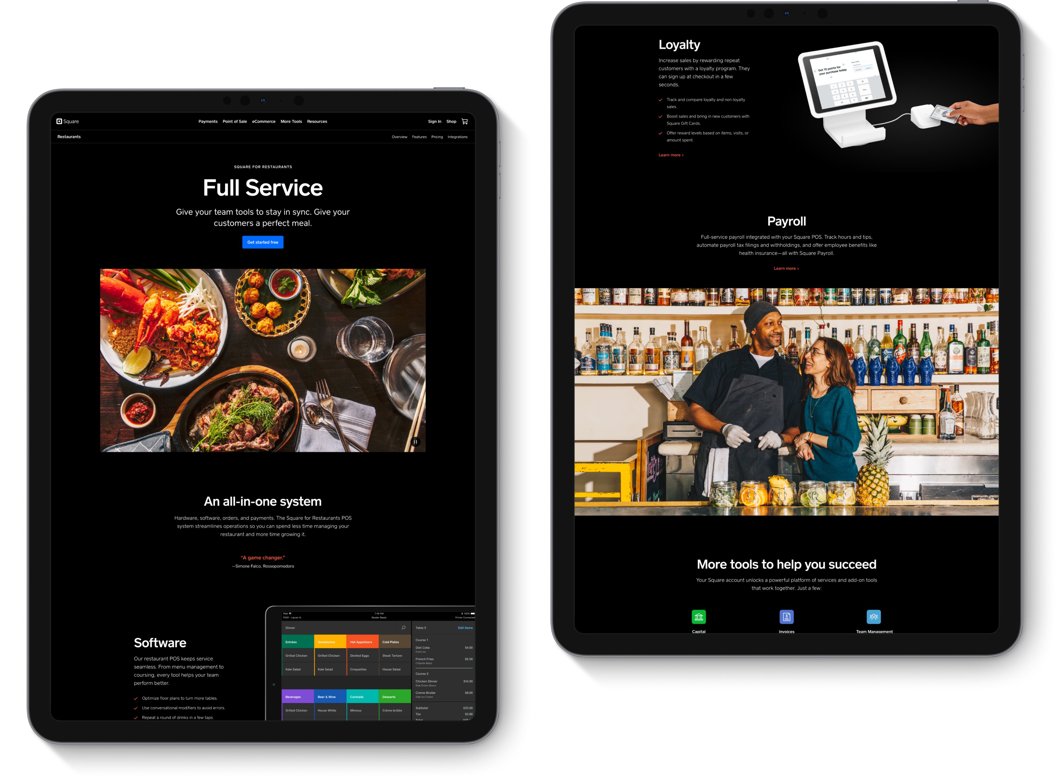 Full service marketing page mocked up in two black ipads.