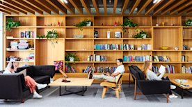 photo of people working with bookshelves in the background