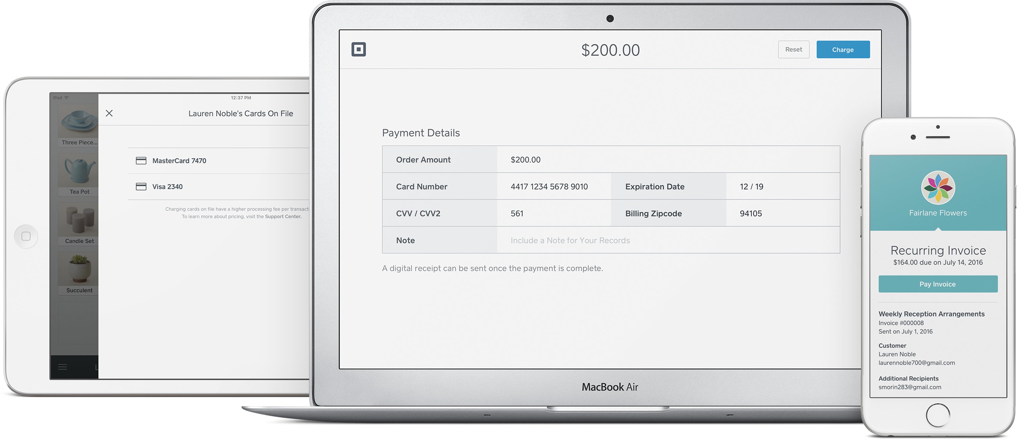 A photo of an iPad, laptop, and iPhone with screens showing different ways to get paid with Square: Square POS, Virtual Terminal, and Invoices