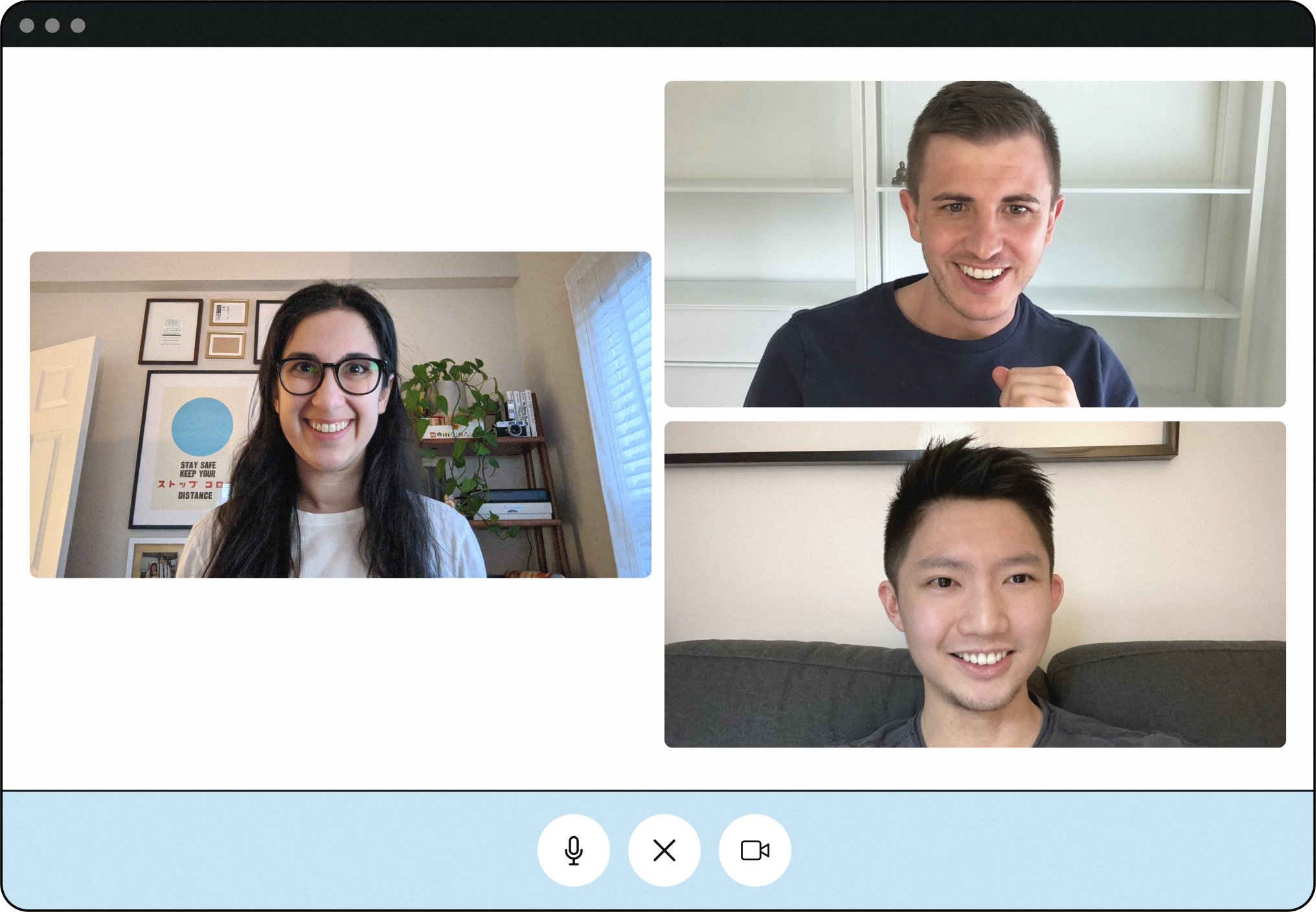 browser window with video conference of 3 teammates smiling at their cameras
