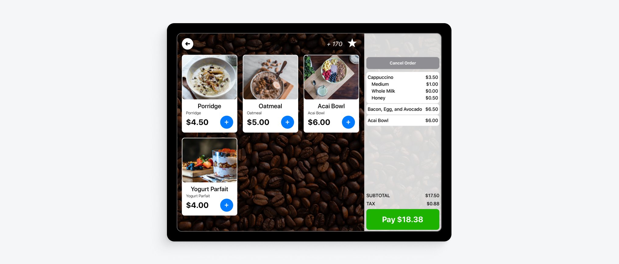 Flash Order user interface for a breakfast order at a cafe