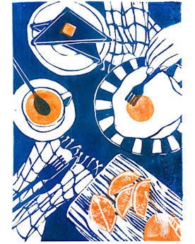 blue and orange artwork showing an overhead shot of a brunch spread with eggs, toast, a drink, and oranges