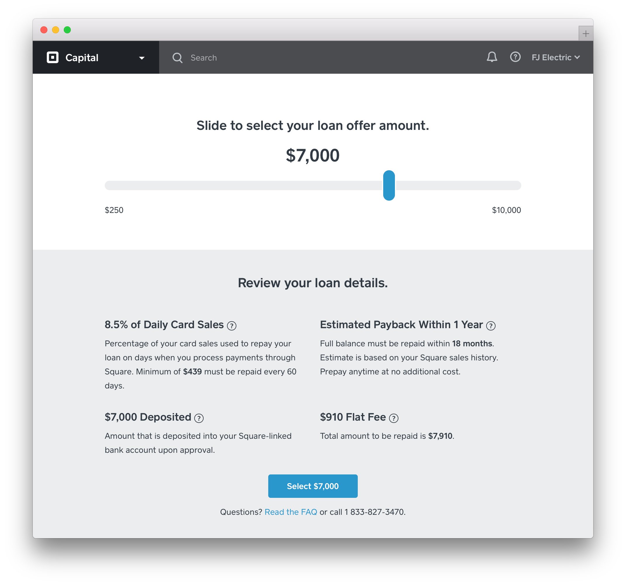 How costs are presented when accepting funding through Square Capital